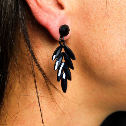 Long Drop Earrings: Jet Black - Vintage Glass