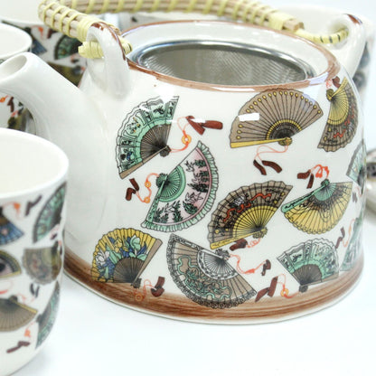 Herbal Teapot Set: Strainer & 6 Cups - China Fans Pattern