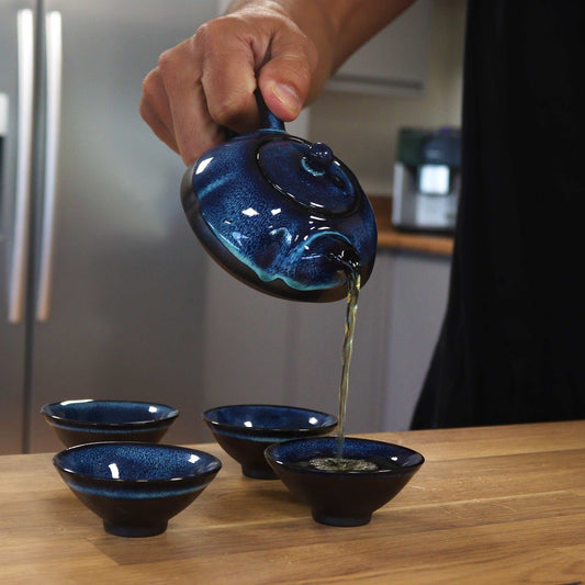Herbal Blues Teapot: Pot & Four Cups - Blue Ceramic