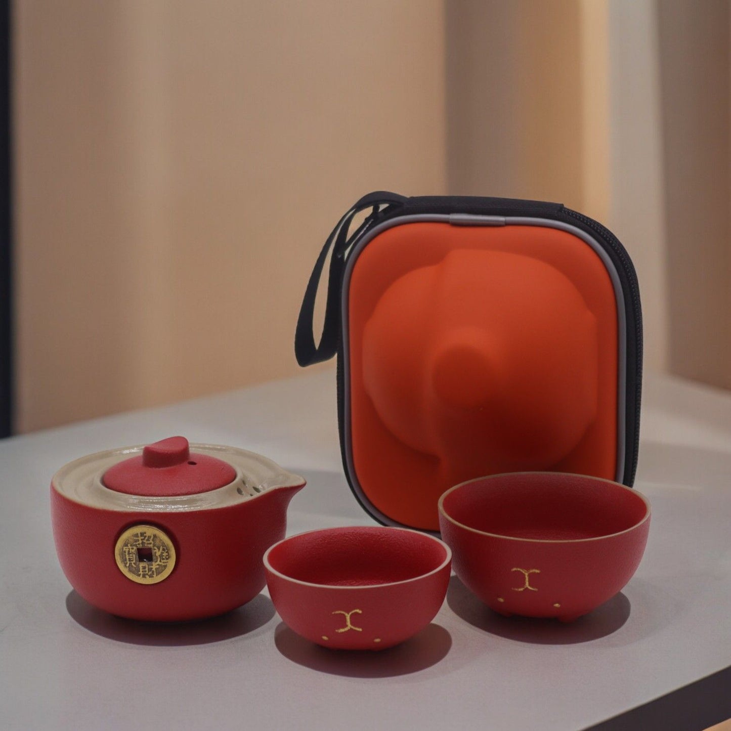 Money Cat Teapot Set: Travel-Friendly Tea Time - Red