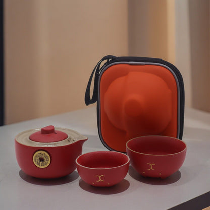 Money Cat Teapot Set: Travel-Friendly Tea Time - Red