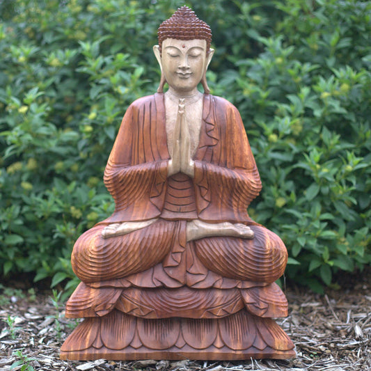 Hand Carved Wooden Buddha Statue: Suar Wood Art - 80cm