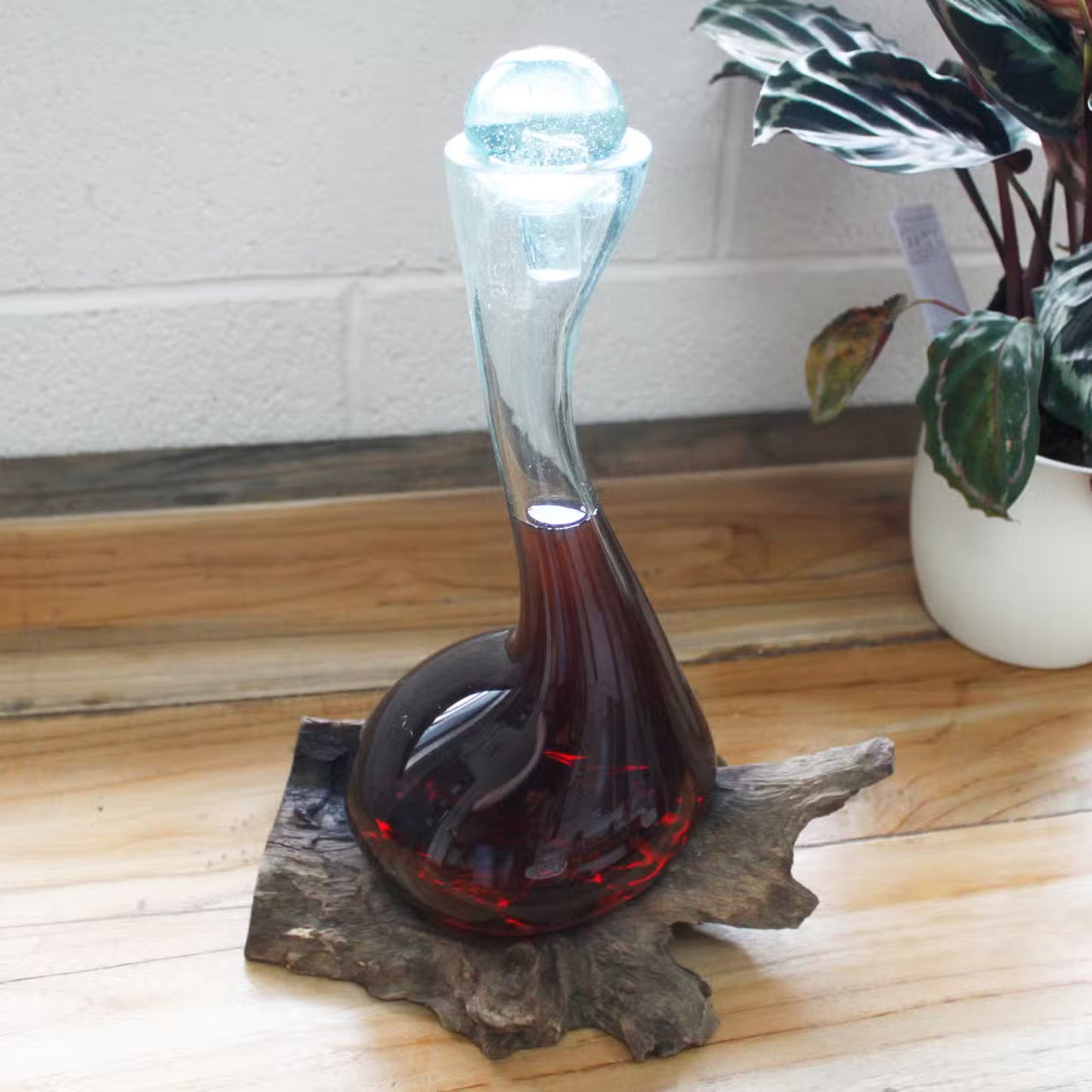 Hand-Blown Recycled Glass Wine Decanter with Natural Gamal Wood Base