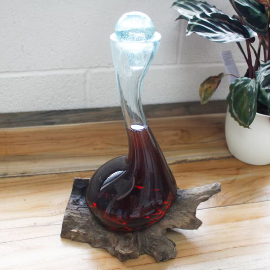 Hand-Blown Recycled Glass Wine Decanter with Natural Gamal Wood Base