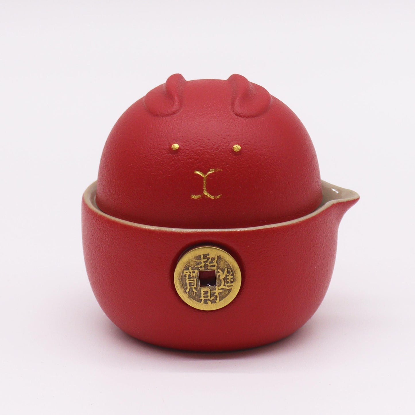 Money Cat Teapot Set: Travel-Friendly Tea Time - Red