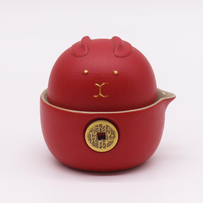 Money Cat Teapot Set: Travel-Friendly Tea Time - Red