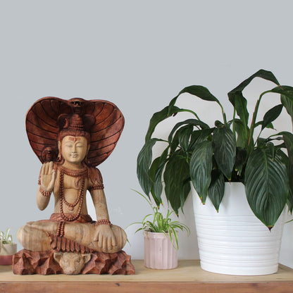 Shiva with Cobra Statue: Hand-Carved Suar Wood - 50cm