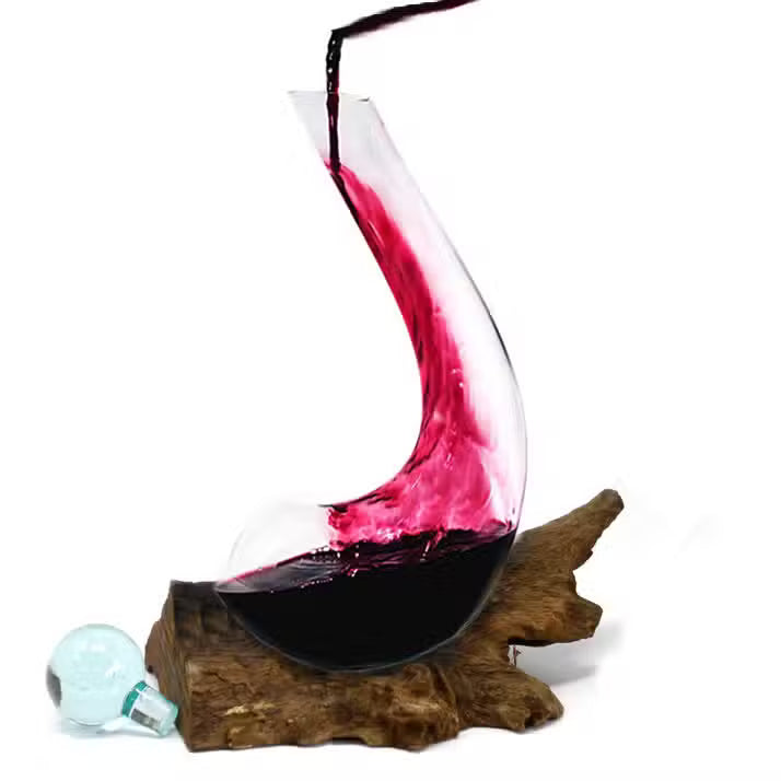 Hand-Blown Recycled Glass Wine Decanter with Natural Gamal Wood Base