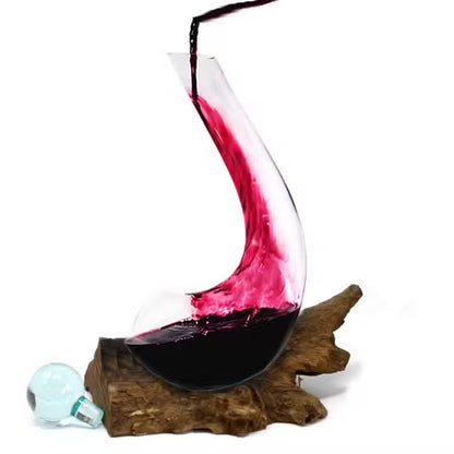 Hand-Blown Recycled Glass Wine Decanter with Natural Gamal Wood Base