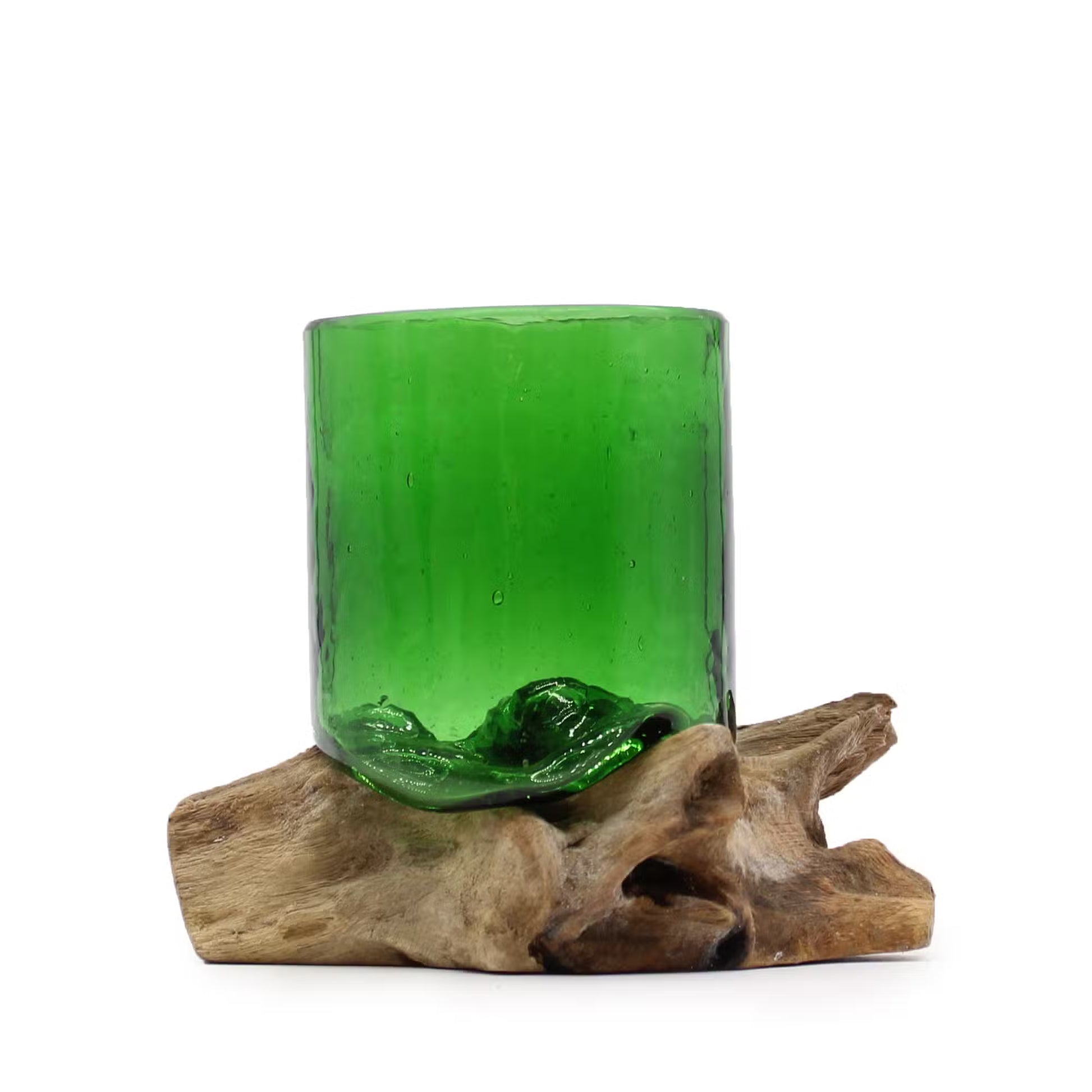 Green Molten Beer Bottle Glass & Wood Bowl