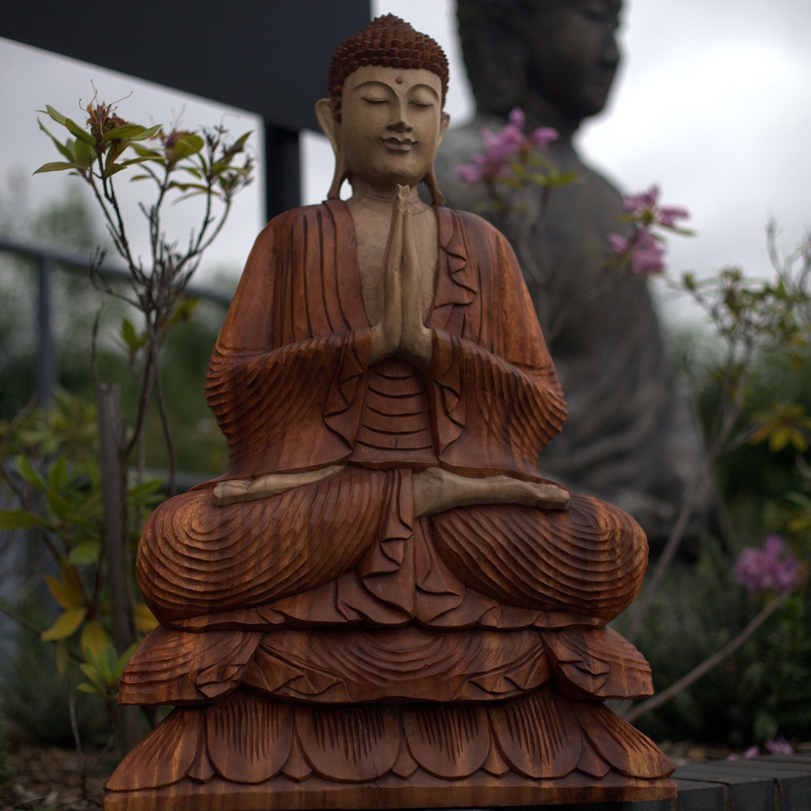 Hand Carved Wooden Buddha Statue: Suar Wood Art - 80cm