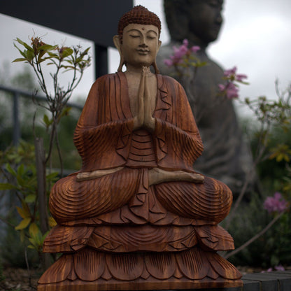 Hand Carved Wooden Buddha Statue: Suar Wood Art - 80cm