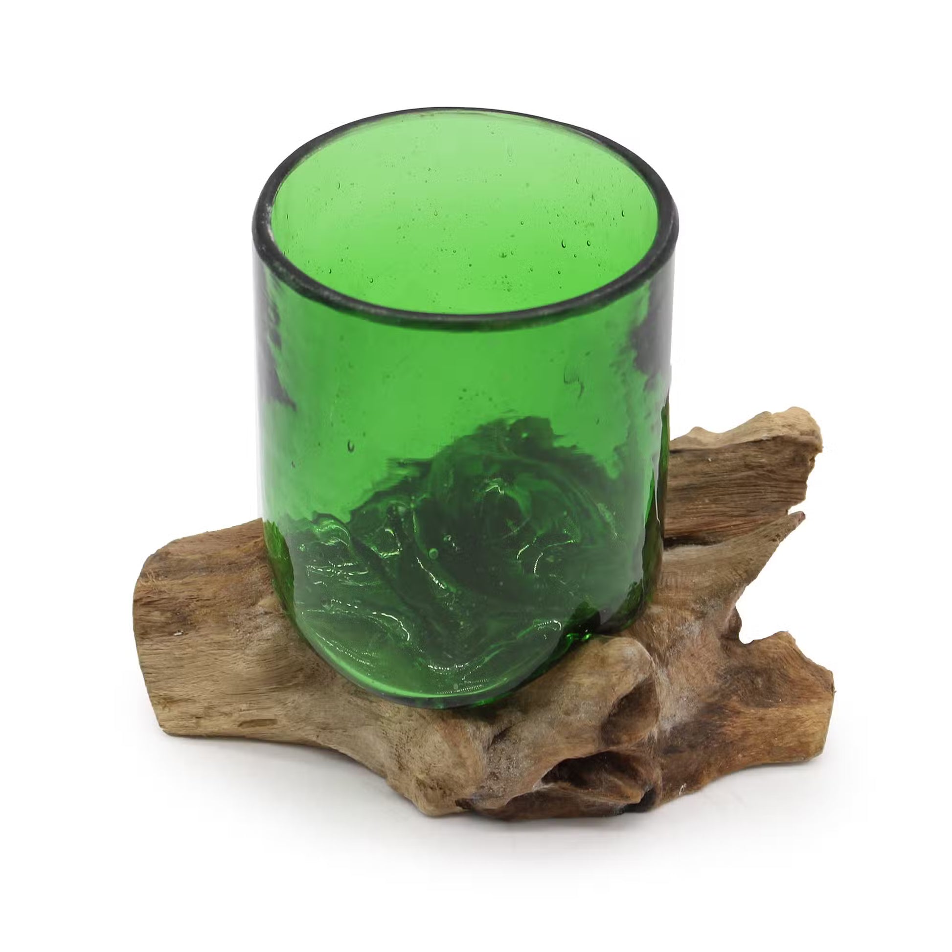 Green Molten Beer Bottle Glass & Wood Bowl