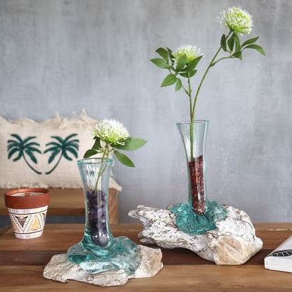 Hand-Blown Recycled Glass Vase on Gamal Wood Root