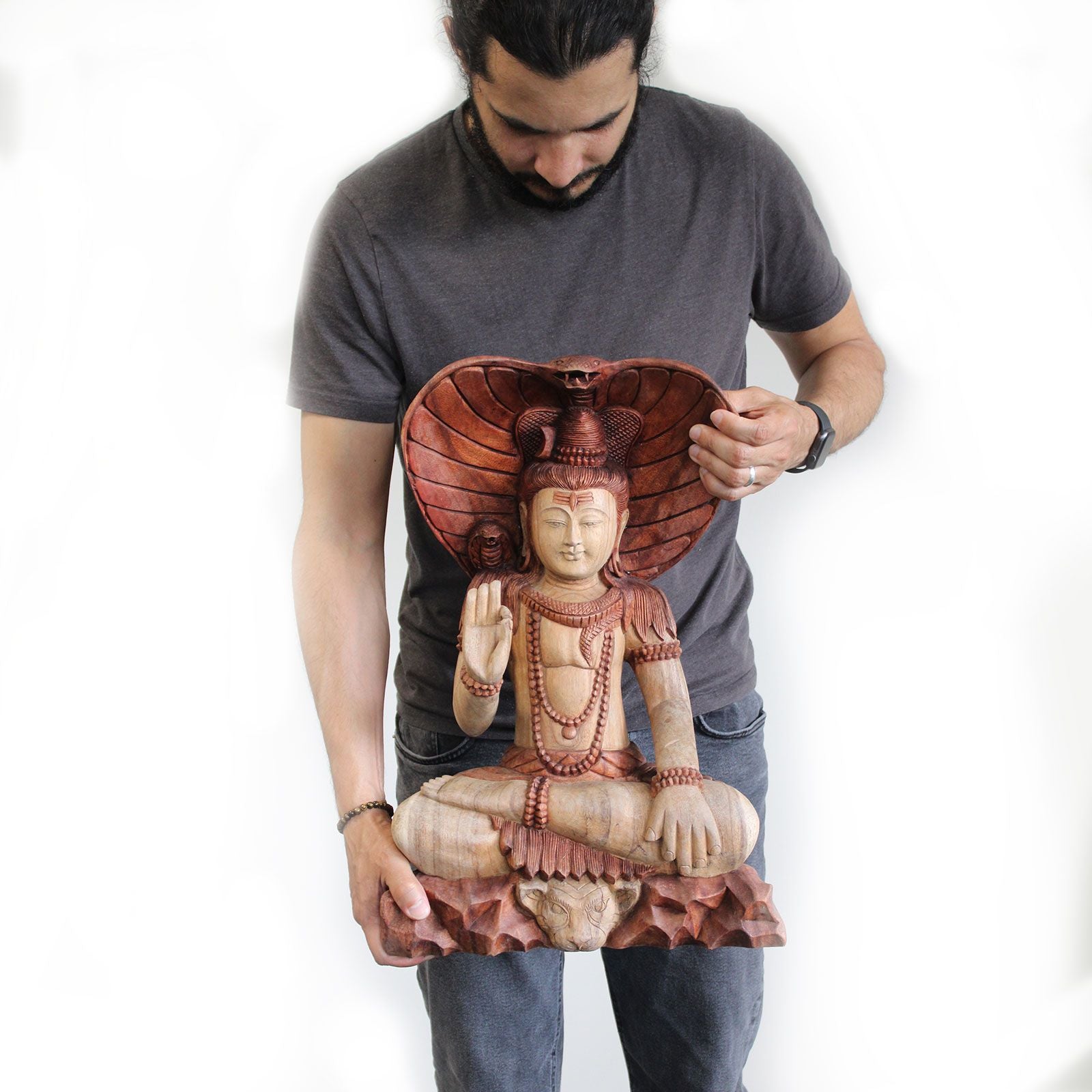 Shiva with Cobra Statue: Hand-Carved Suar Wood - 50cm