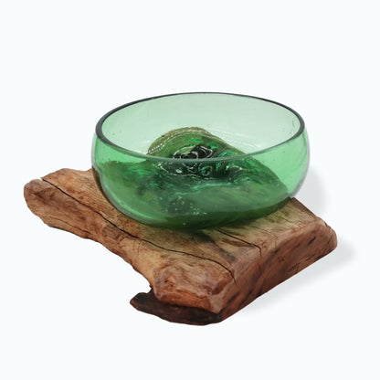 Molten Recycled Green Glass on Natural Wood Base