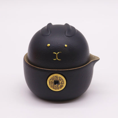 Money Cat Teapot Set: Travel-Friendly - Black