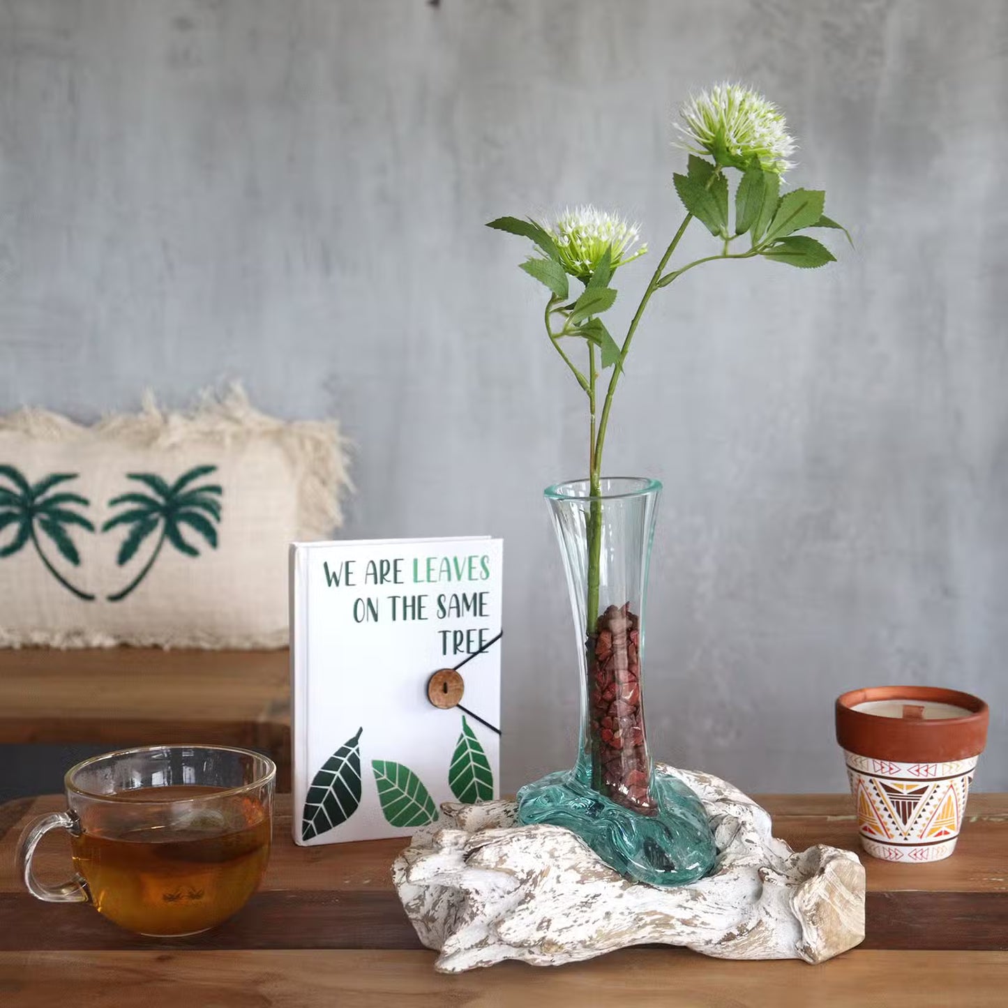 Hand-Blown Recycled Glass Vase on Gamal Wood Root