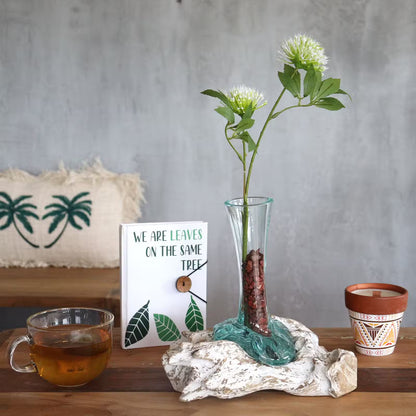 Hand-Blown Recycled Glass Vase on Gamal Wood Root