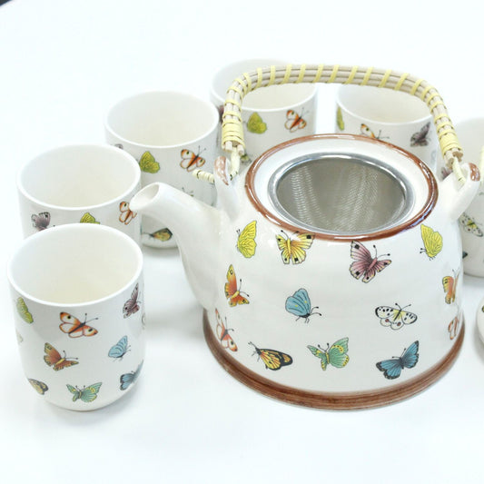 Herbal Teapot Set: Strainer & 6 Cups - Butterflies Pattern