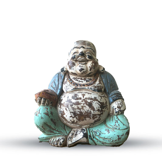 Vintage Blue Mint Happy Buddha: Hand-Carved - 30cm