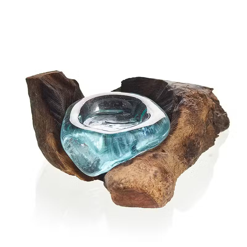 Unique Hand-Blown Glass & Gamal Wood Candle Holder