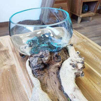 Double Hand-Blown Molten Glass Bowl on Natural Wood Base
