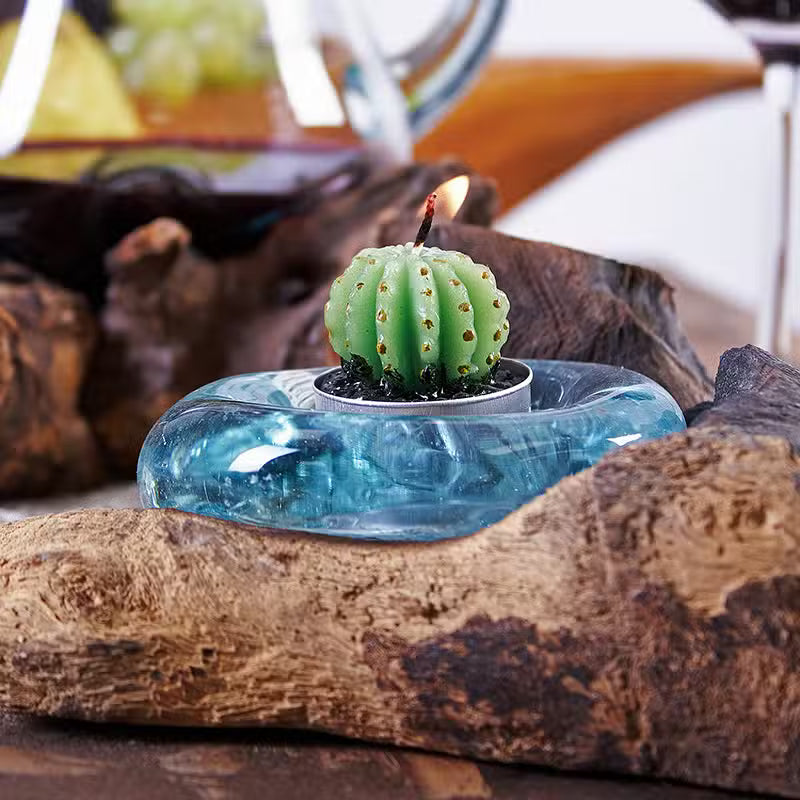 Unique Hand-Blown Glass & Gamal Wood Candle Holder