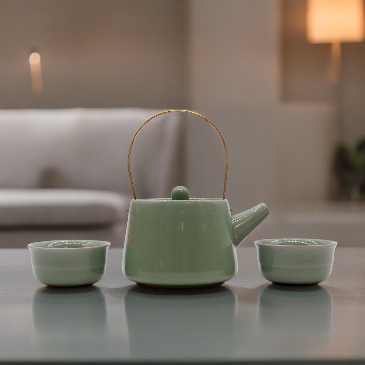 Herbal Jade Teapot Set: Tranquil Tea Ritual - Two Cups