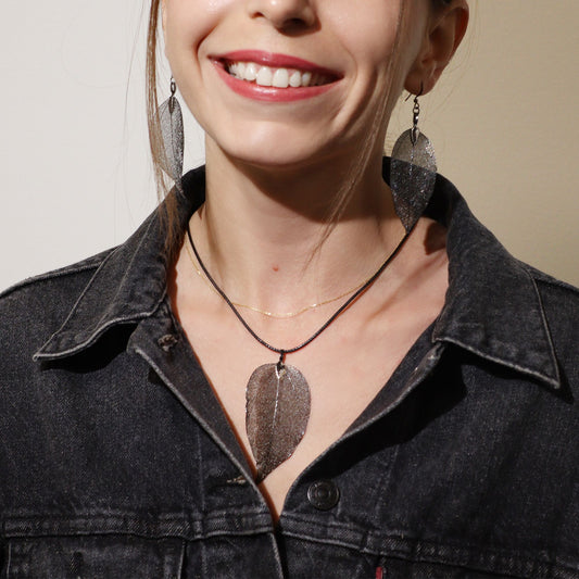 Real Leaf Necklace & Earring Set: Bravery Leaf - Pewter