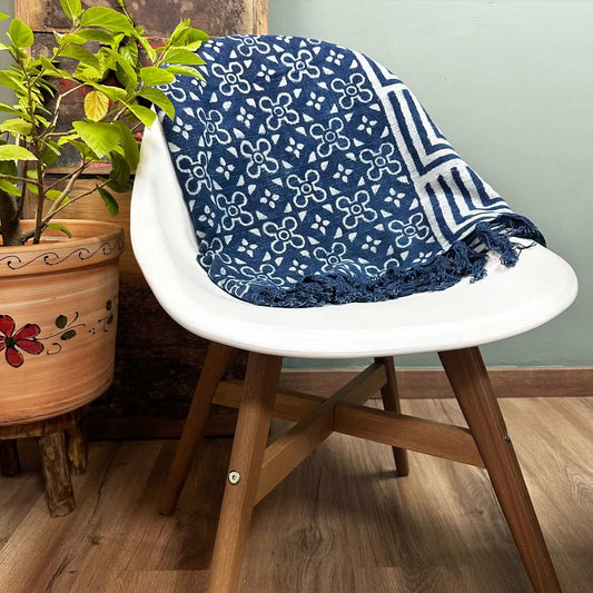 Handmade Indigo Throw: Kasba Tiles Pattern - 170x120cm