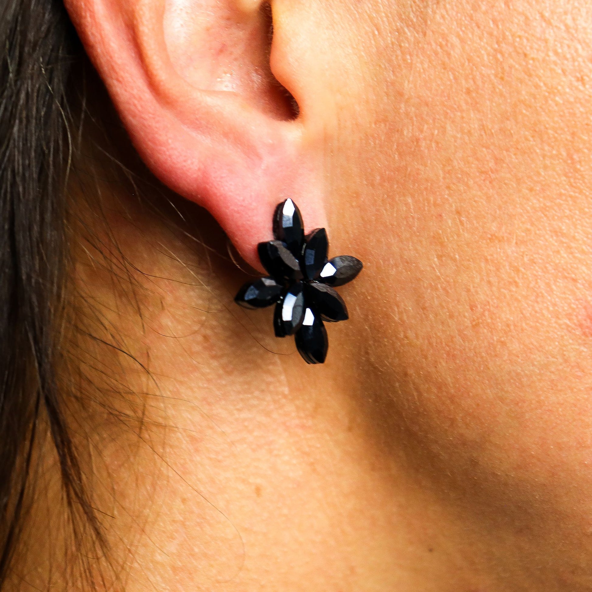 Flower Earrings: Jet Black - Vintage Glass