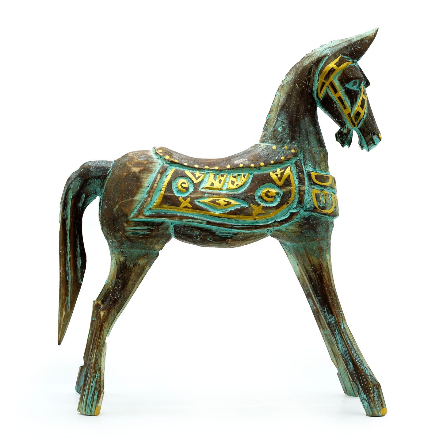 Large Gold & Turquoise Horse: Hand-Carved Albasia Wood - 32cm