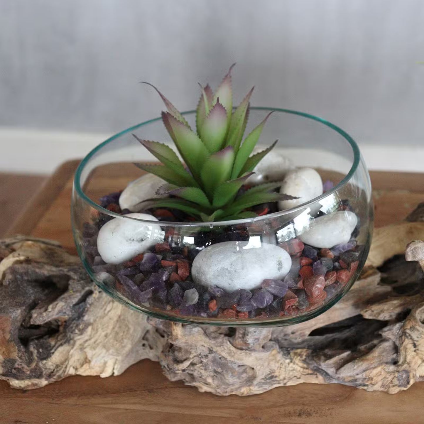 Double Hand-Blown Molten Glass Bowl on Natural Wood Base