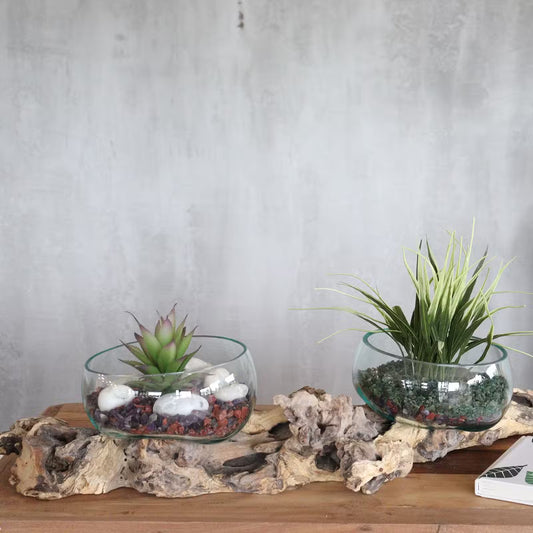 Double Hand-Blown Molten Glass Bowl on Natural Wood Base