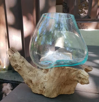 Hand-Blown Glass Bowl: Natural Gamal Wood Stand