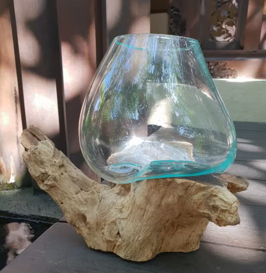 Hand-Blown Glass Bowl: Natural Gamal Wood Stand