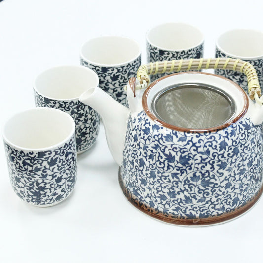 Herbal Teapot Set: Strainer & 6 Cups - Blue Pattern