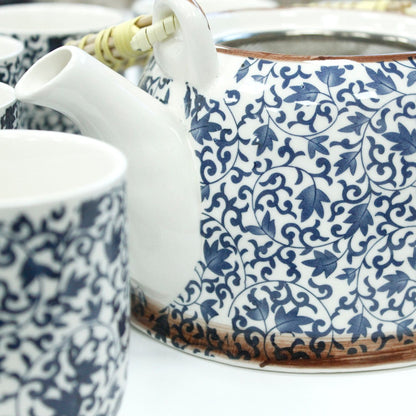 Herbal Teapot Set: Strainer & 6 Cups - Blue Pattern