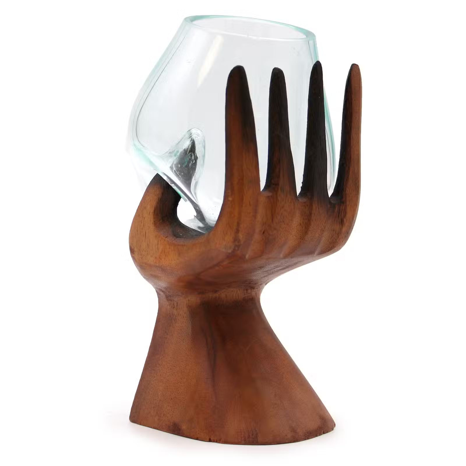 Carved Wooden Hand with Molten Glass Bowl