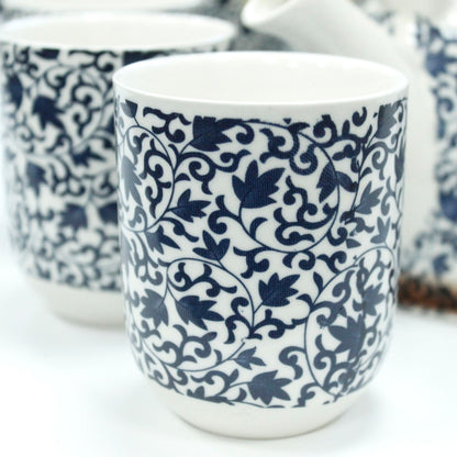 Herbal Teapot Set: Strainer & 6 Cups - Blue Pattern