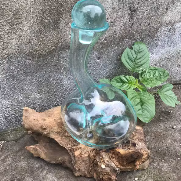 Hand-Blown Recycled Glass Wine Decanter with Natural Gamal Wood Base