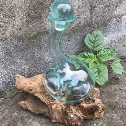 Hand-Blown Recycled Glass Wine Decanter with Natural Gamal Wood Base