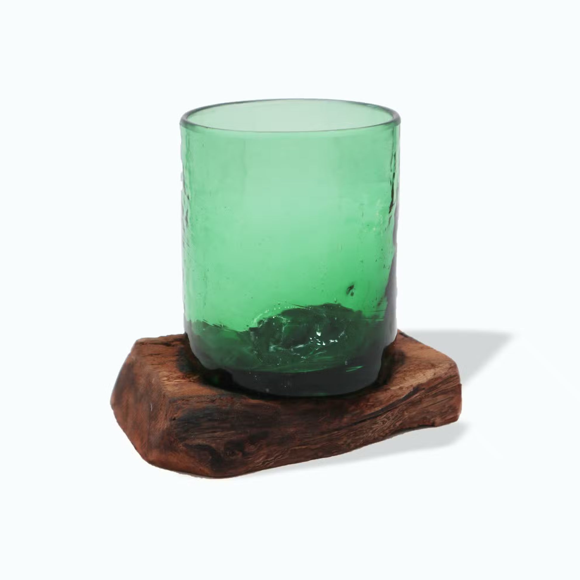 Green Molten Beer Bottle Glass & Wood Bowl