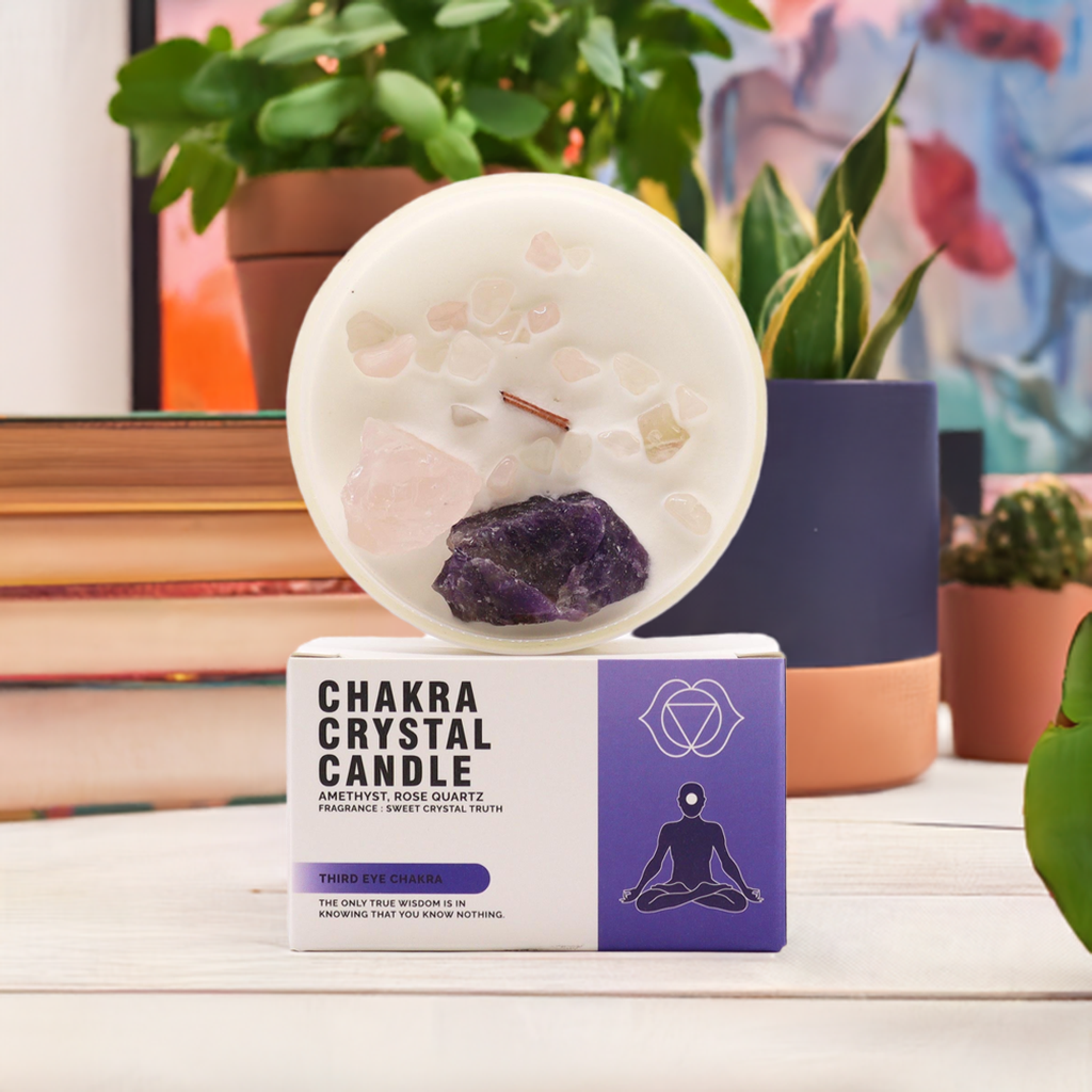 Third Eye Chakra Crystal Candle - Amethyst & Rose Quartz Crystals - Bath & Soak