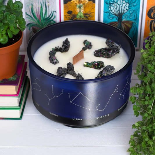 Scorpio Zodiac Crystal Candle With Smoky Quartz, Lapis Lazuli & Black Obsidian Gemstone Bracelet - Bath & Soak
