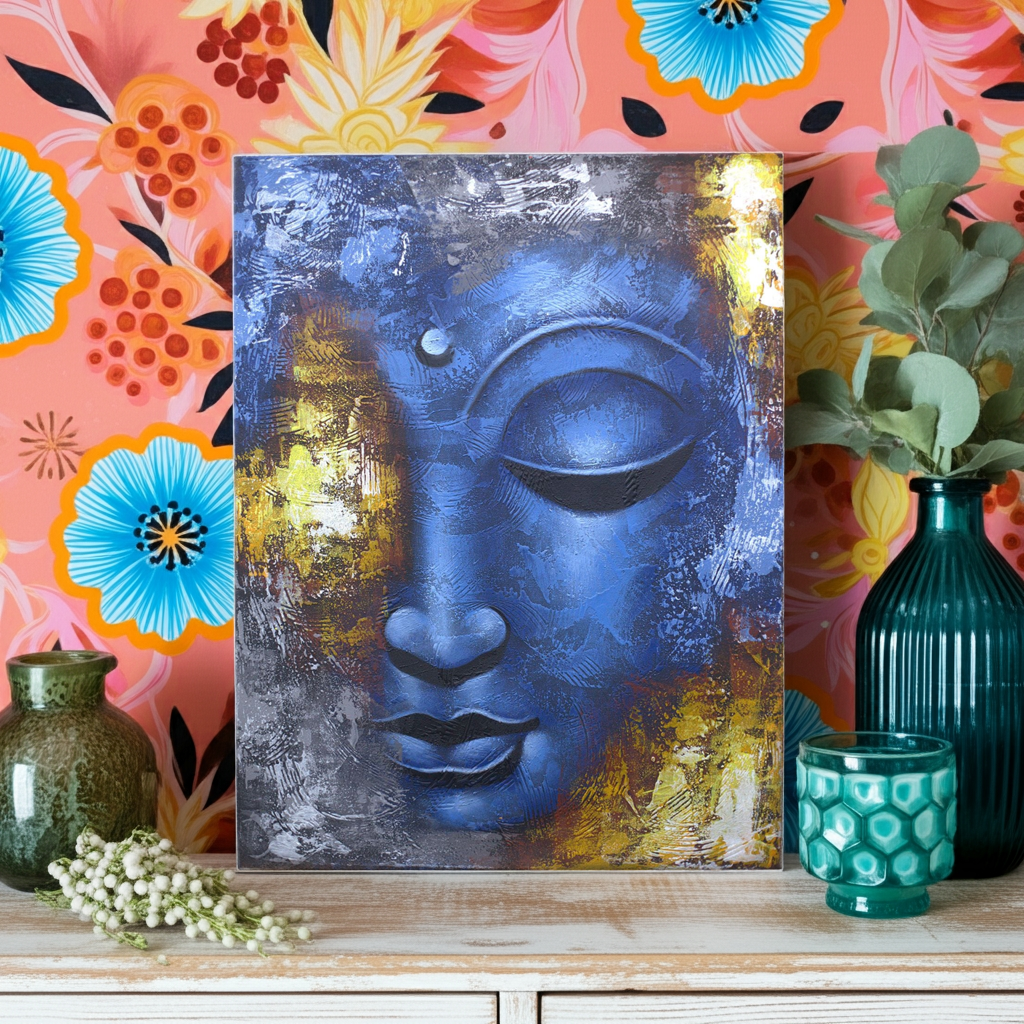 Blue Buddha Abstract Painting: Hand-Painted Serenity - 80x60cm