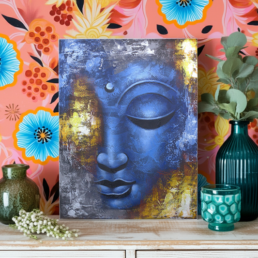 Blue Buddha Abstract Painting: Hand-Painted Serenity - 80x60cm