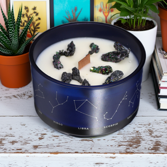 Aquarious Zodiac Crystal Candle With Amethyst, Lapis Lazuli & Hematite Gemstone Bracelet - Bath & Soak