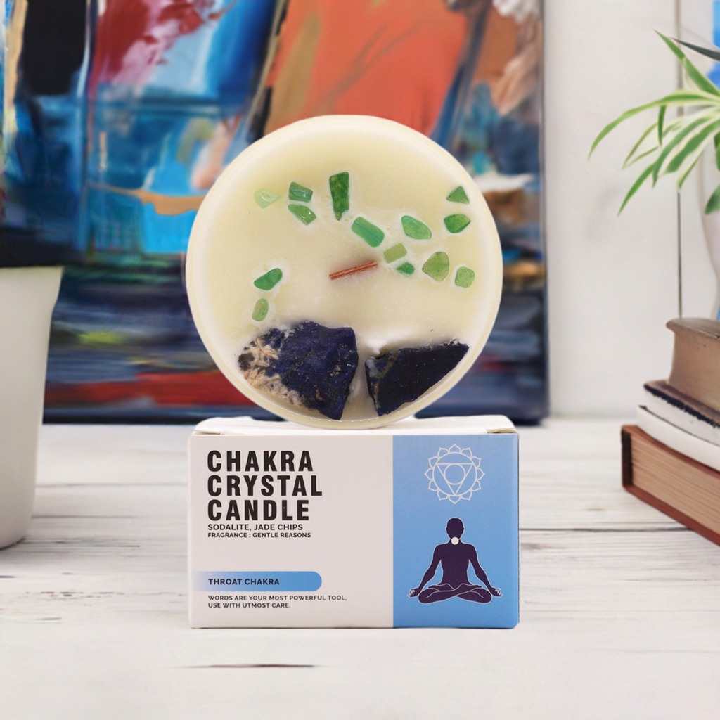 Throat Chakra Crystal Candle - Sodalite & Jade Crystals - Bath & Soak